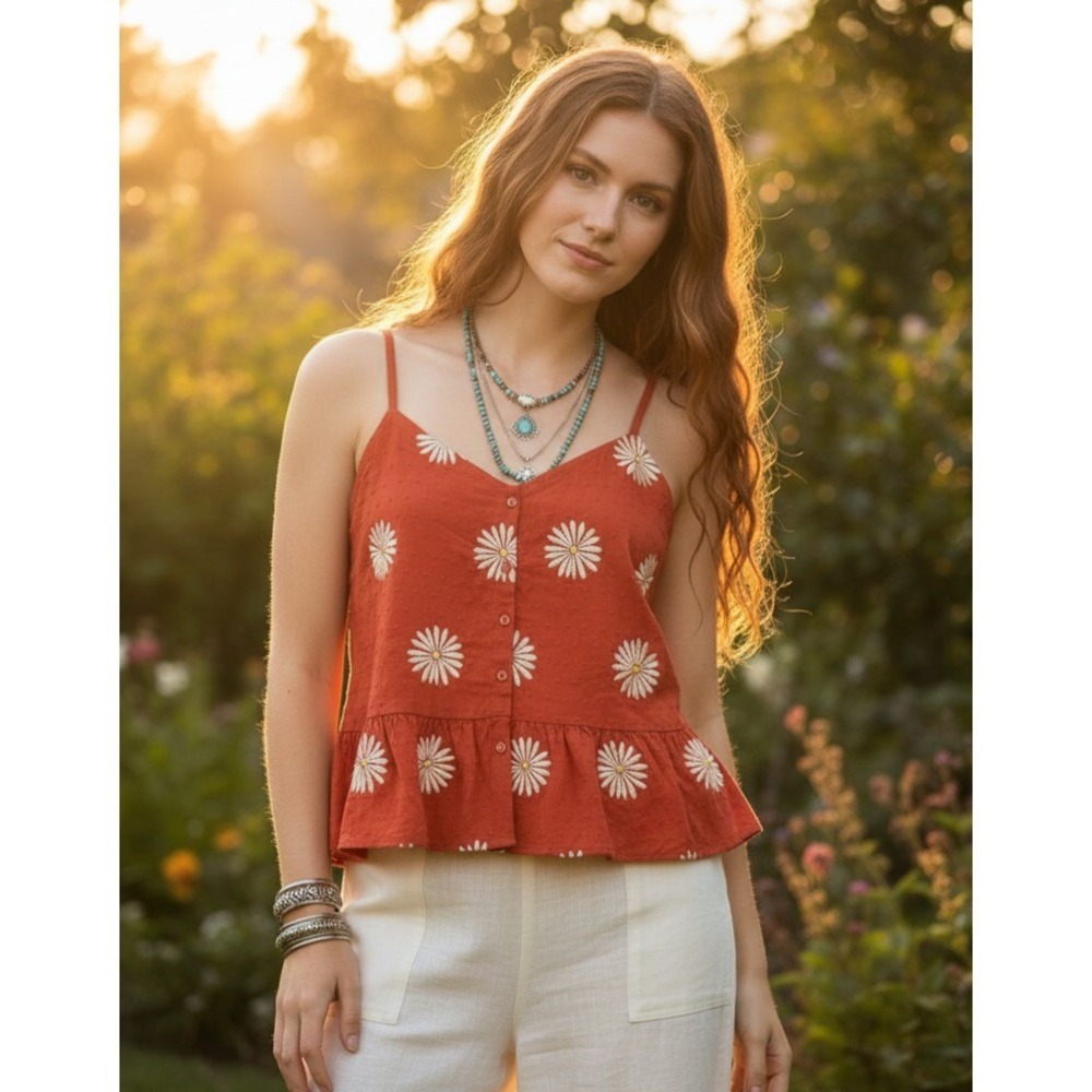 NEW Loft M Red Orange Embroidered Peplum Tank Top Cottage Boho Coastal Artsy Y2K
